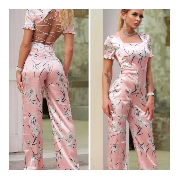 Boutique Pants - Pink Floral White Satin Jumpsuit